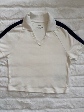 Oysho Kids White Polo with Navy Shoulder Stripe